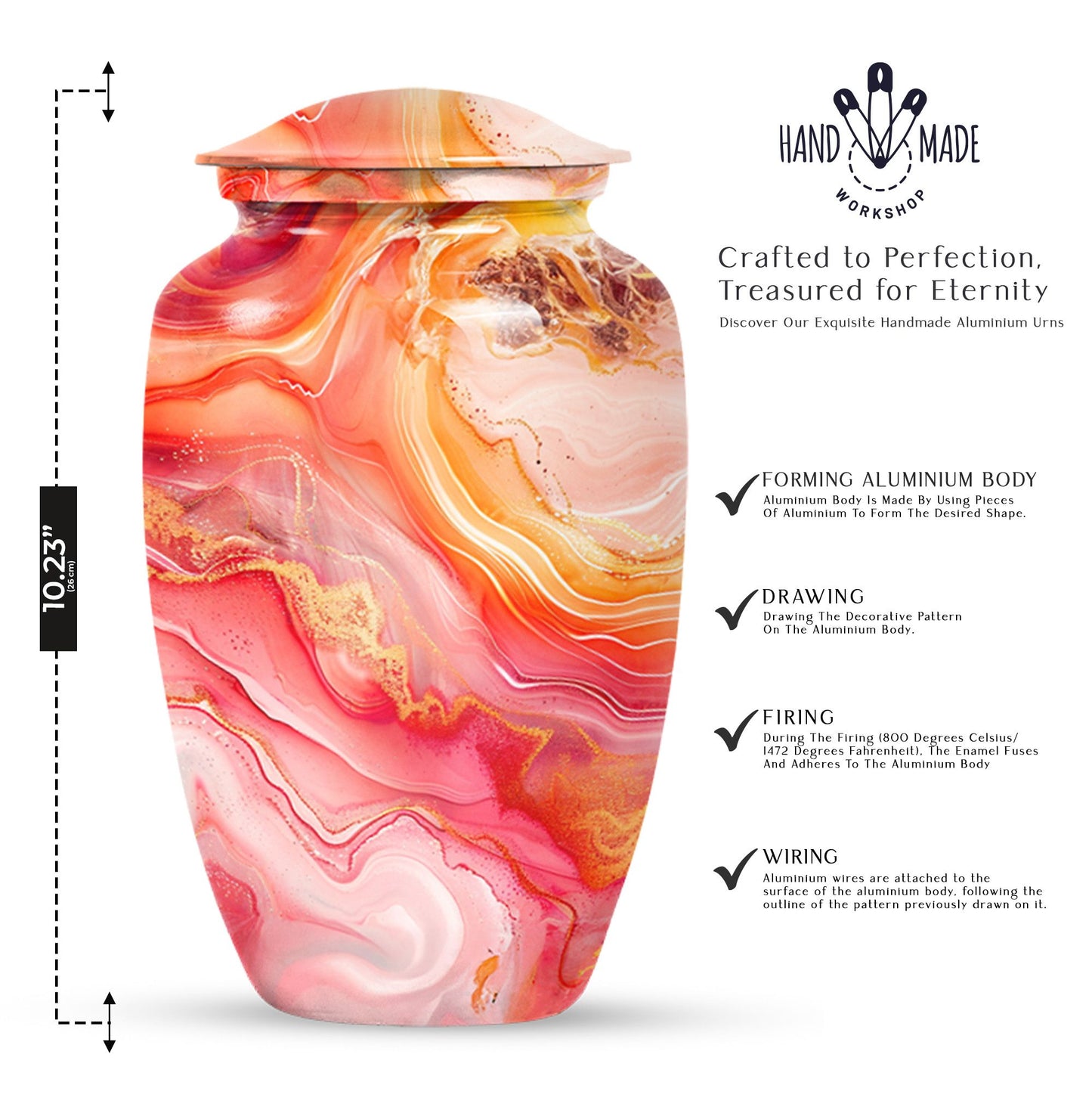 A 10 inch Vibrant Swirl memorial urn for burial, with an aluminimum finish in an abstract design