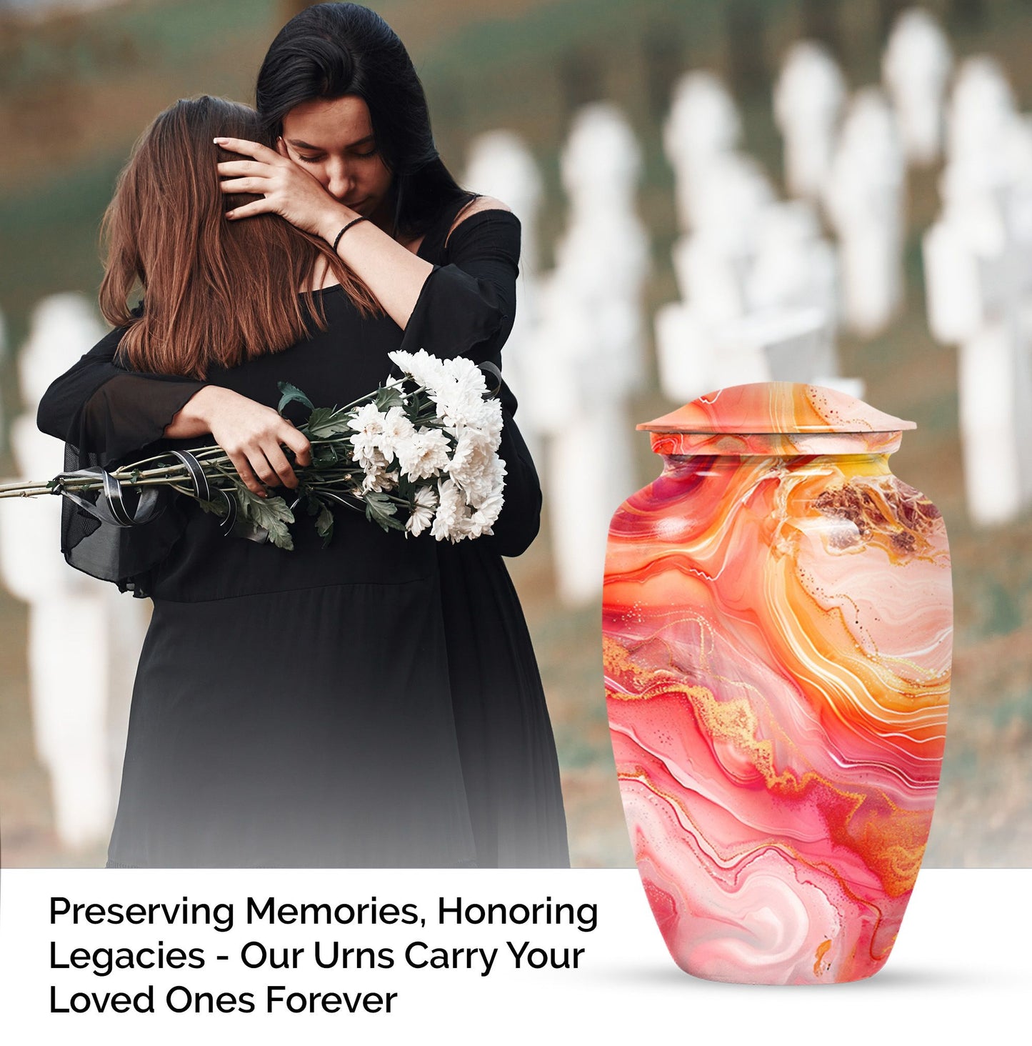 A 10 inch Vibrant Swirl memorial urn for burial, with an aluminimum finish in an abstract design