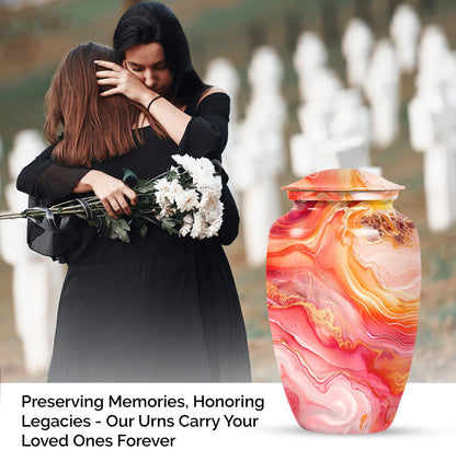 A 10 inch Vibrant Swirl memorial urn for burial, with an aluminimum finish in an abstract design