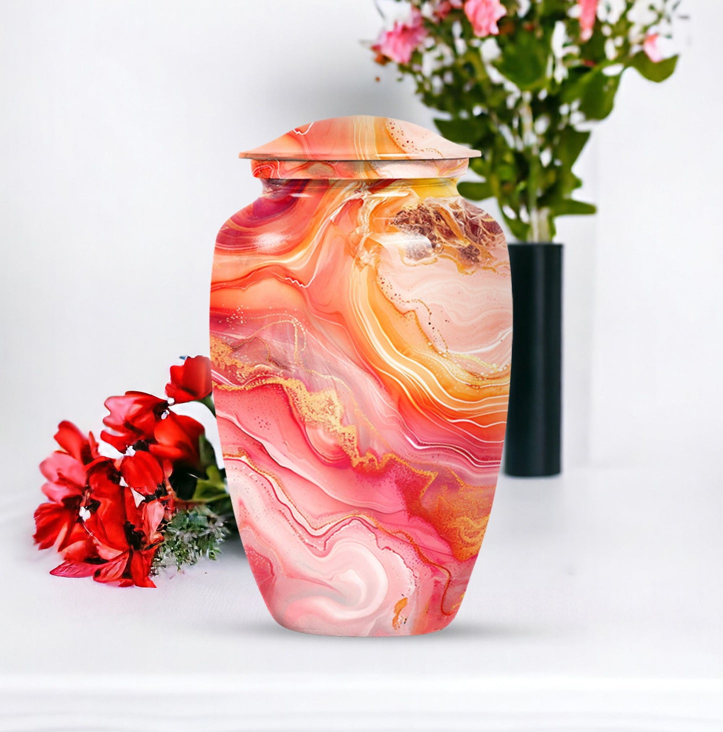 A 10 inch Vibrant Swirl memorial urn for burial, with an aluminimum finish in an abstract design