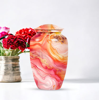 A 10 inch Vibrant Swirl memorial urn for burial, with an aluminimum finish in an abstract design