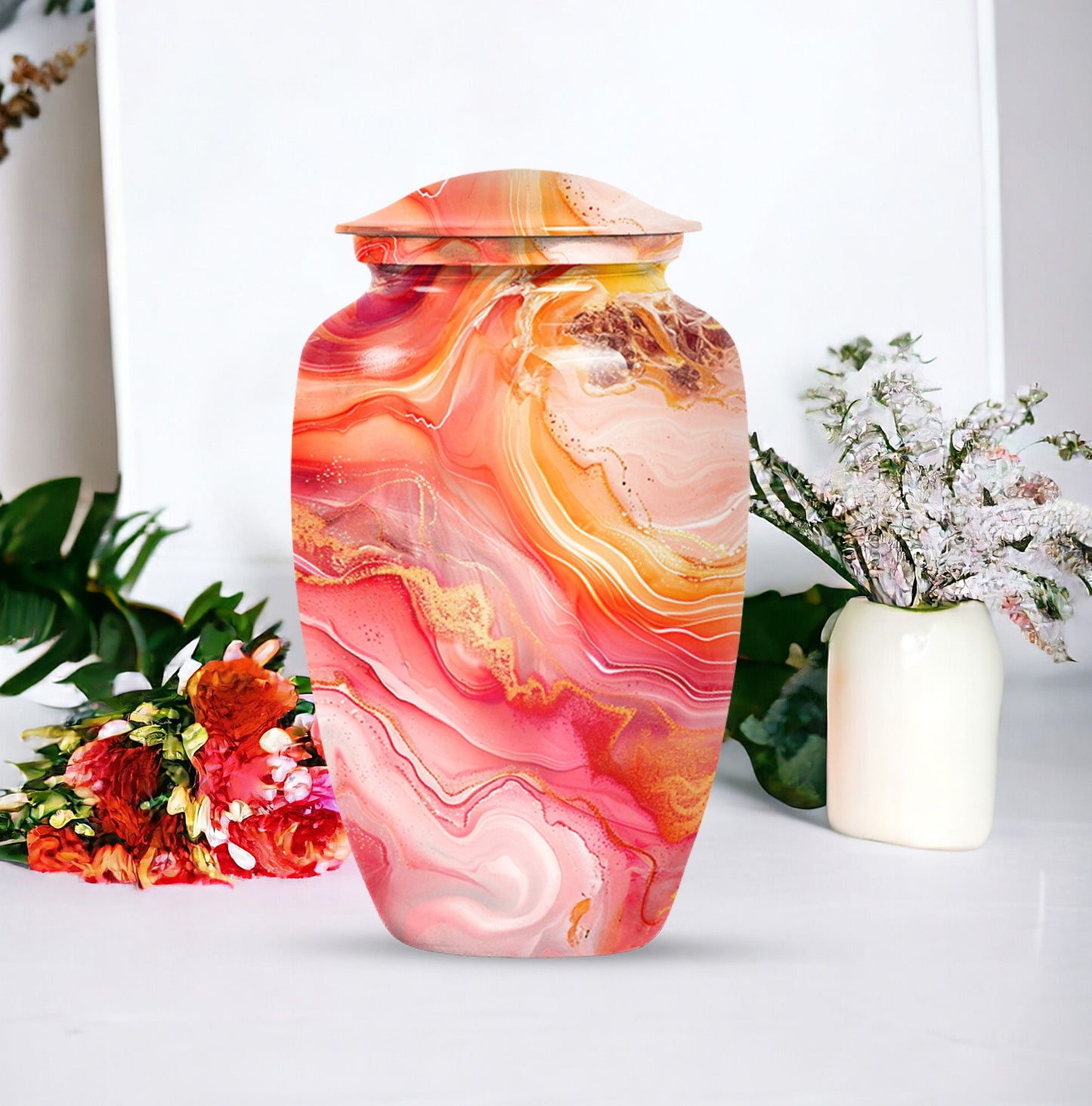 A 10 inch Vibrant Swirl memorial urn for burial, with an aluminimum finish in an abstract design