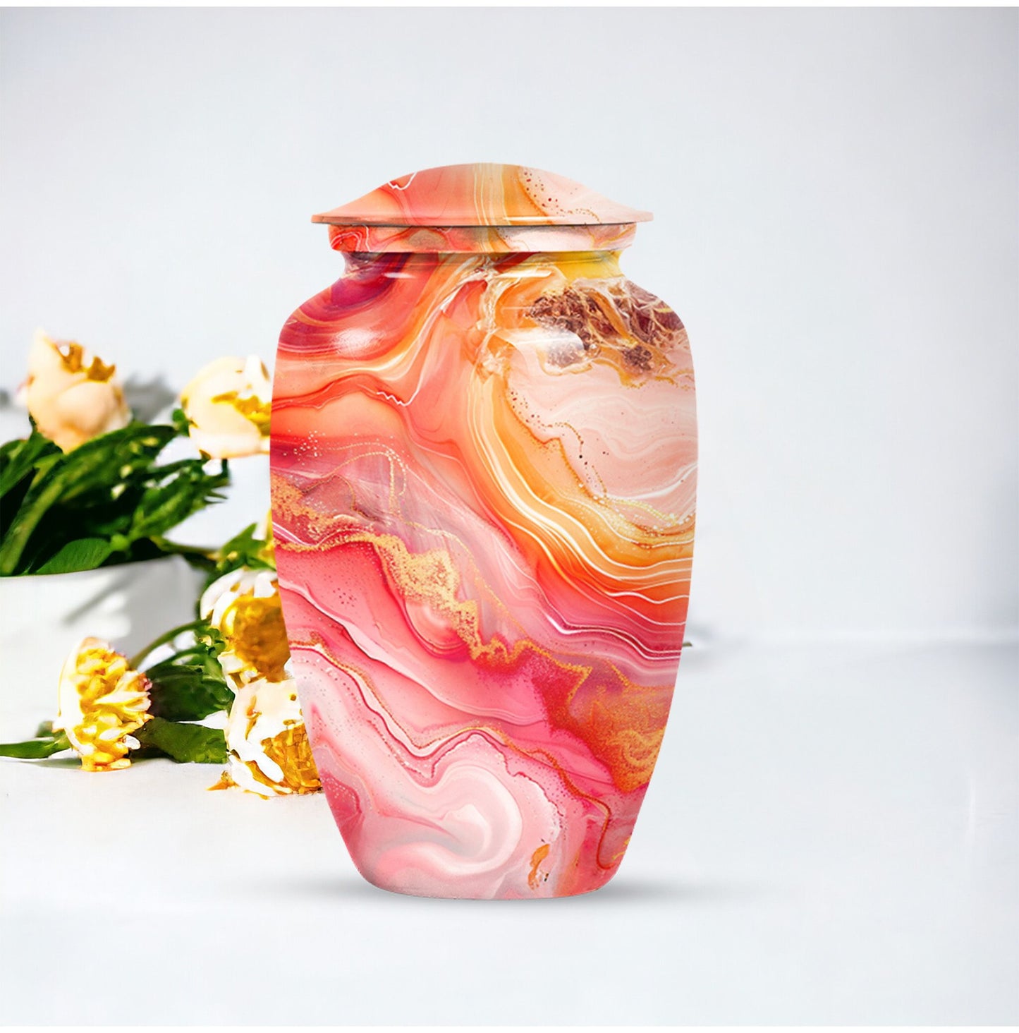 A 10 inch Vibrant Swirl memorial urn for burial, with an aluminimum finish in an abstract design