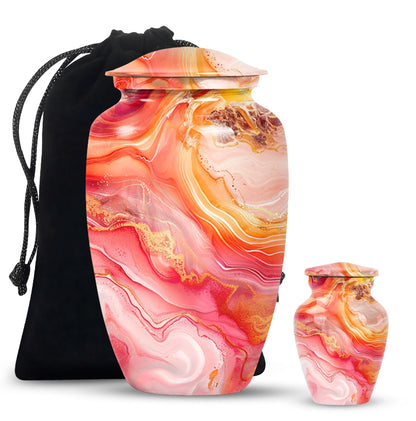 A 10 inch Vibrant Swirl memorial urn for burial, with an aluminimum finish in an abstract design