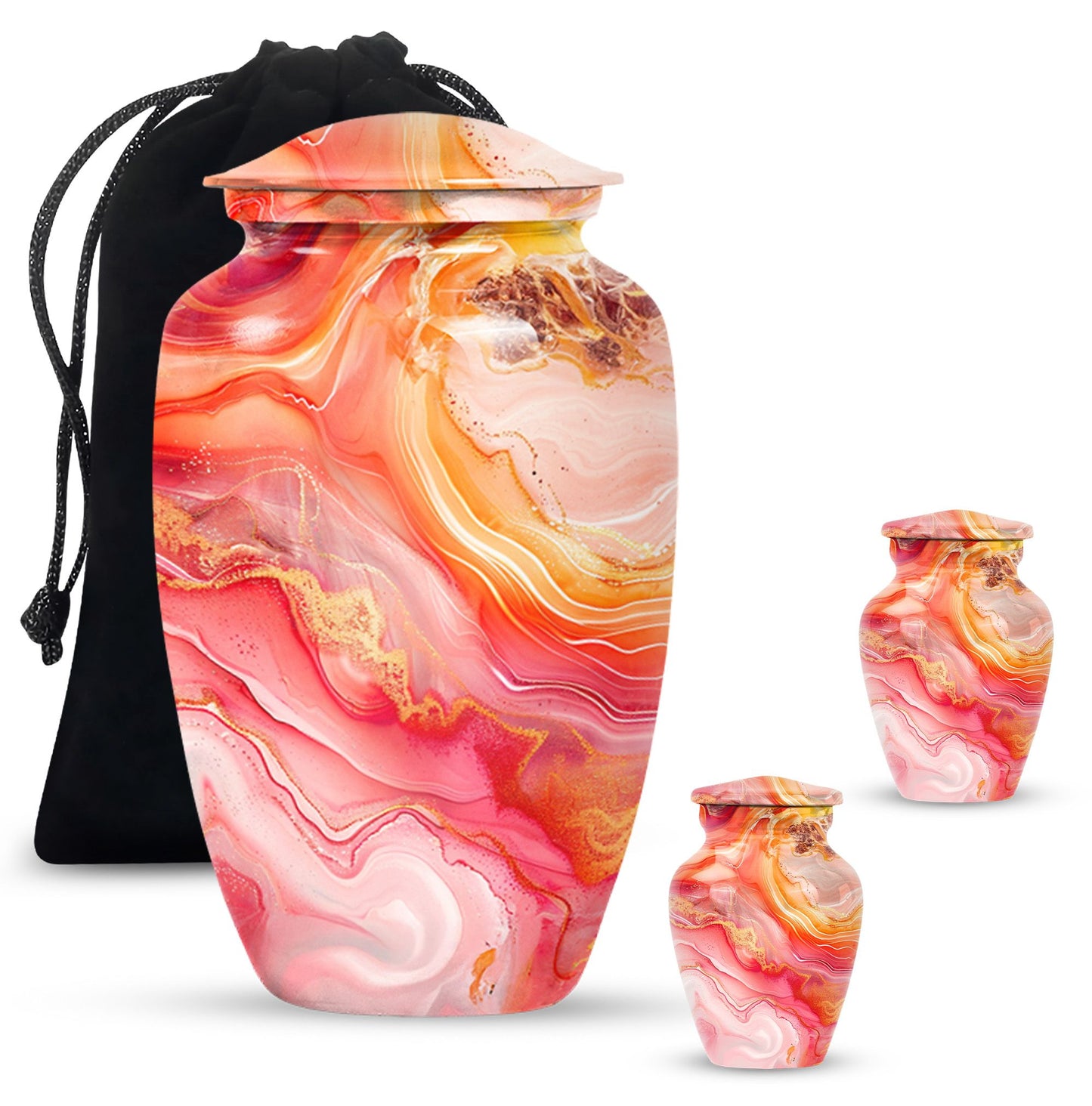 A 10 inch Vibrant Swirl memorial urn for burial, with an aluminimum finish in an abstract design