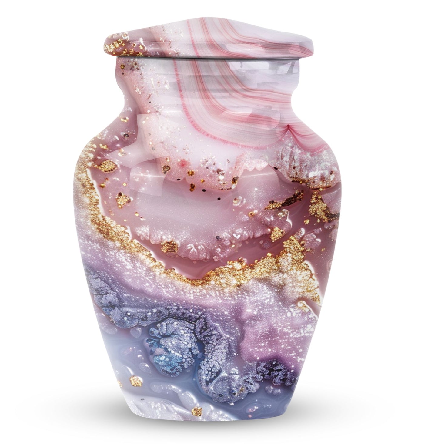 10-inch Vibrant Swirl urn made of aluminum for men's ashes, personalizable with engraved names