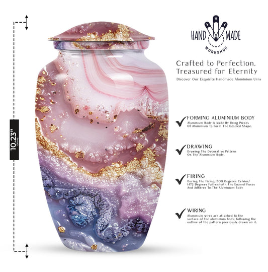 10-inch Vibrant Swirl urn made of aluminum for men's ashes, personalizable with engraved names