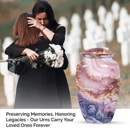 10-inch Vibrant Swirl urn made of aluminum for men's ashes, personalizable with engraved names