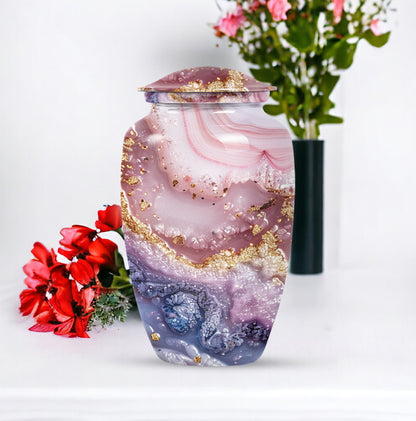 10-inch Vibrant Swirl urn made of aluminum for men's ashes, personalizable with engraved names