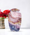 10-inch Vibrant Swirl urn made of aluminum for men's ashes, personalizable with engraved names