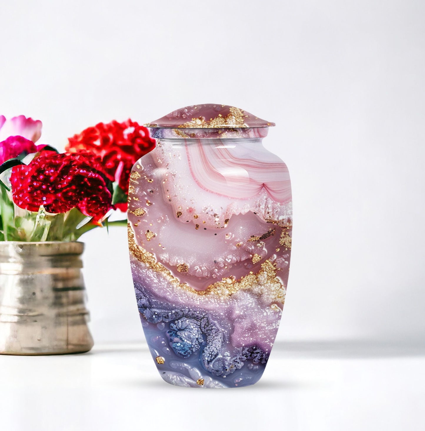 10-inch Vibrant Swirl urn made of aluminum for men's ashes, personalizable with engraved names