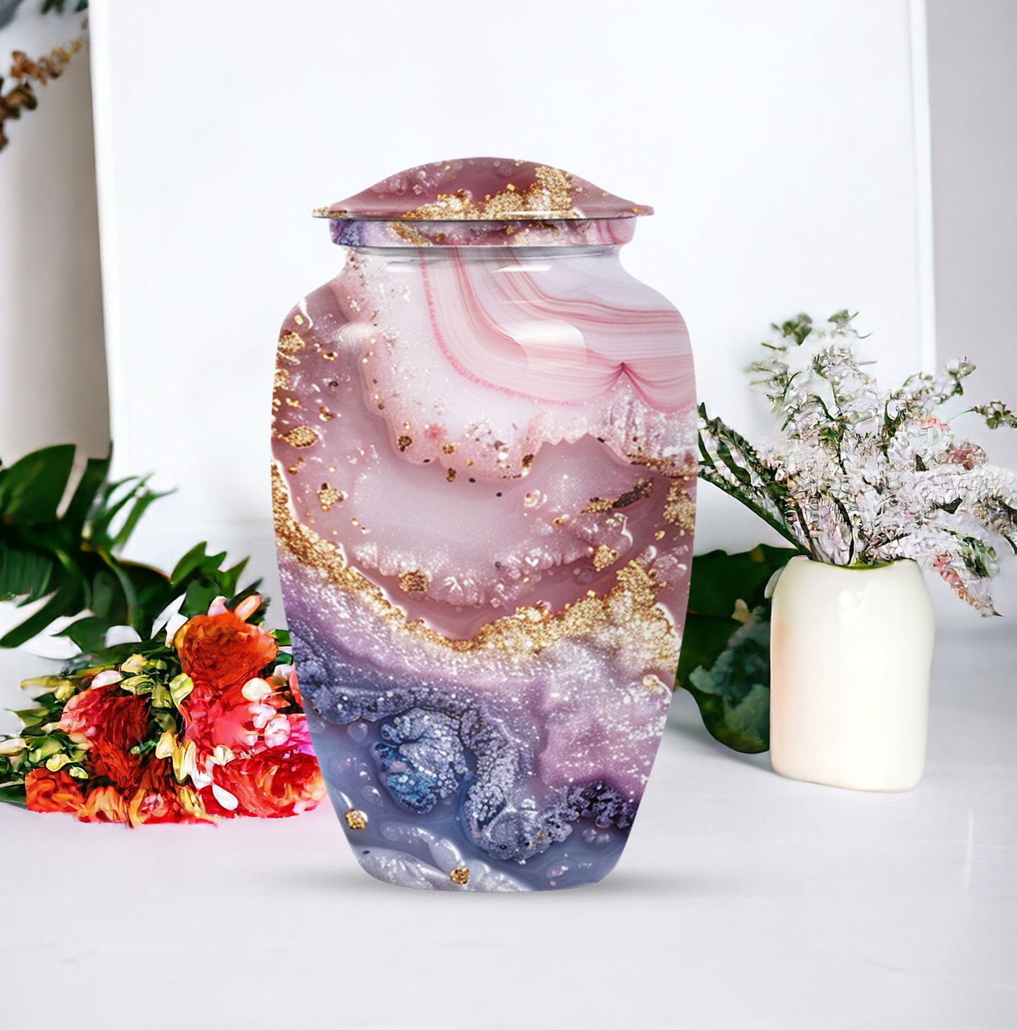 10-inch Vibrant Swirl urn made of aluminum for men's ashes, personalizable with engraved names