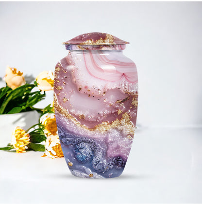 10-inch Vibrant Swirl urn made of aluminum for men's ashes, personalizable with engraved names