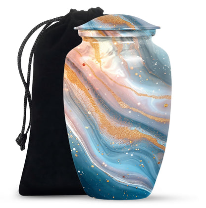Vibrant Swirl Urn, 10-inch aluminium artistic cremation urn with capacity for 200 cubic inches of ashes
