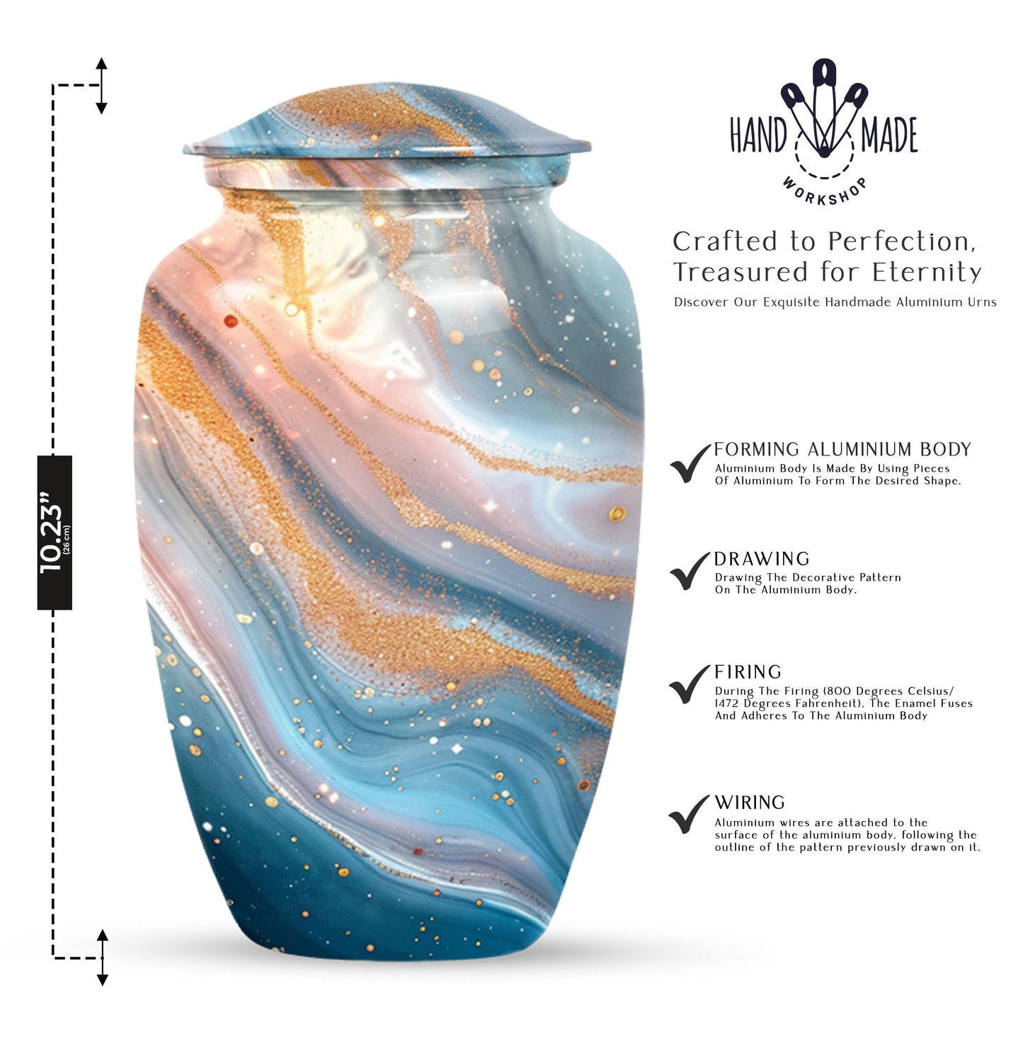 Vibrant Swirl Urn, 10-inch aluminium artistic cremation urn with capacity for 200 cubic inches of ashes