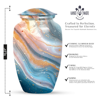 Vibrant Swirl Urn, 10-inch aluminium artistic cremation urn with capacity for 200 cubic inches of ashes