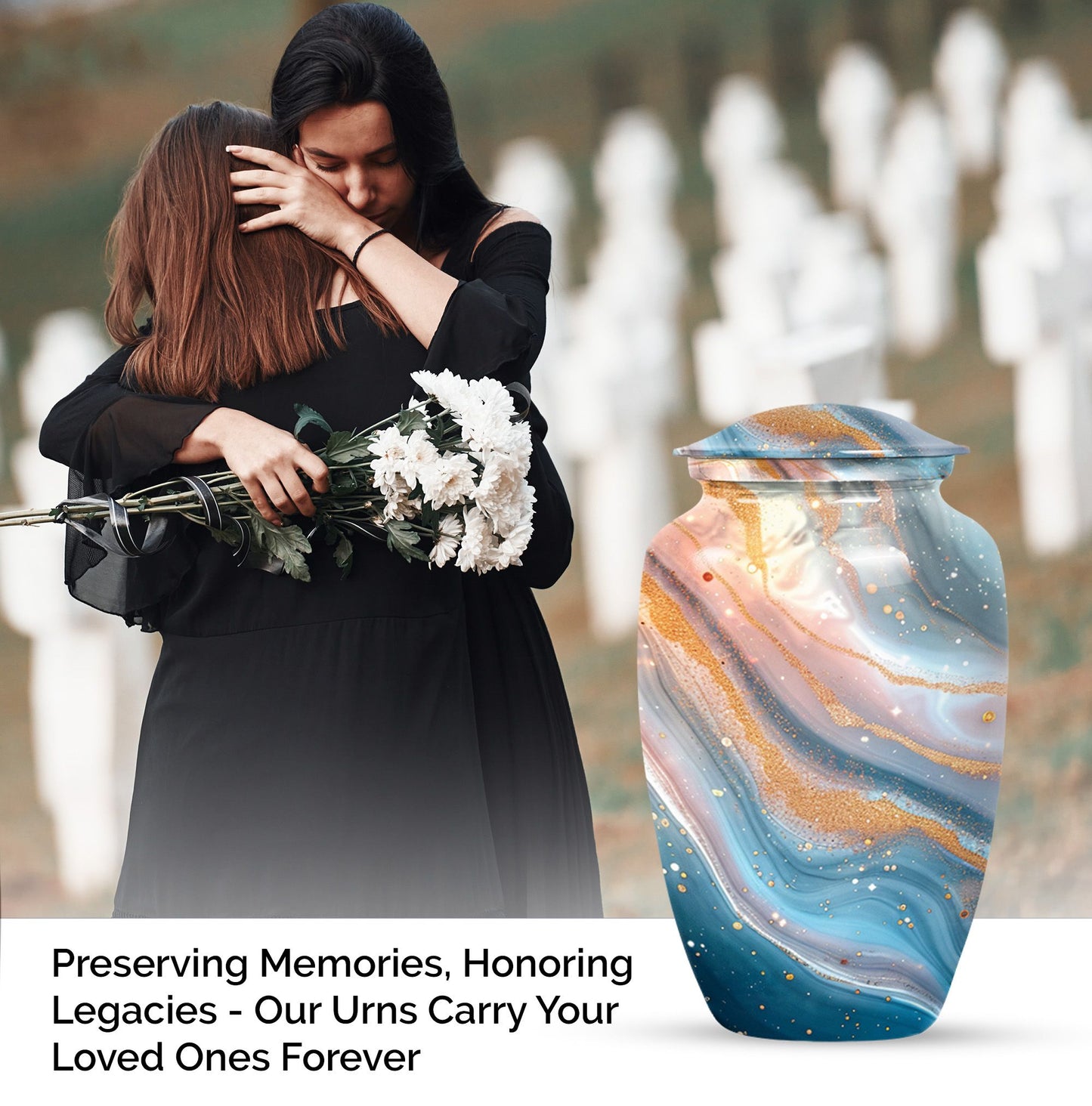 Vibrant Swirl Urn, 10-inch aluminium artistic cremation urn with capacity for 200 cubic inches of ashes