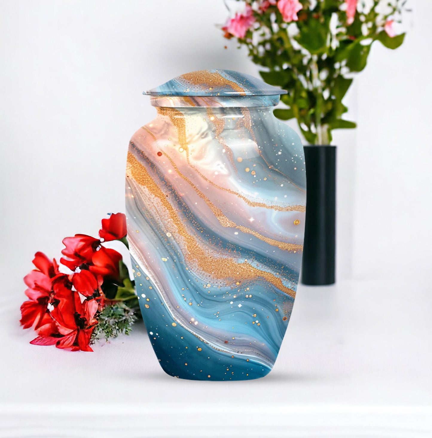 Vibrant Swirl Urn, 10-inch aluminium artistic cremation urn with capacity for 200 cubic inches of ashes