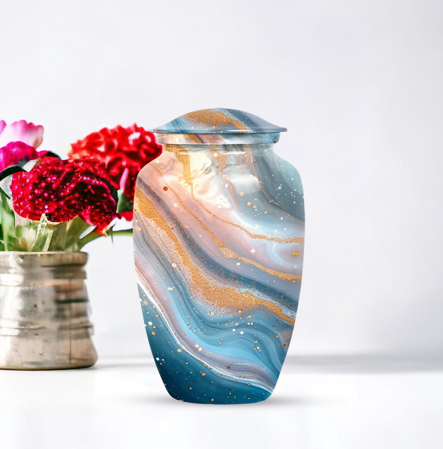 Vibrant Swirl Urn, 10-inch aluminium artistic cremation urn with capacity for 200 cubic inches of ashes