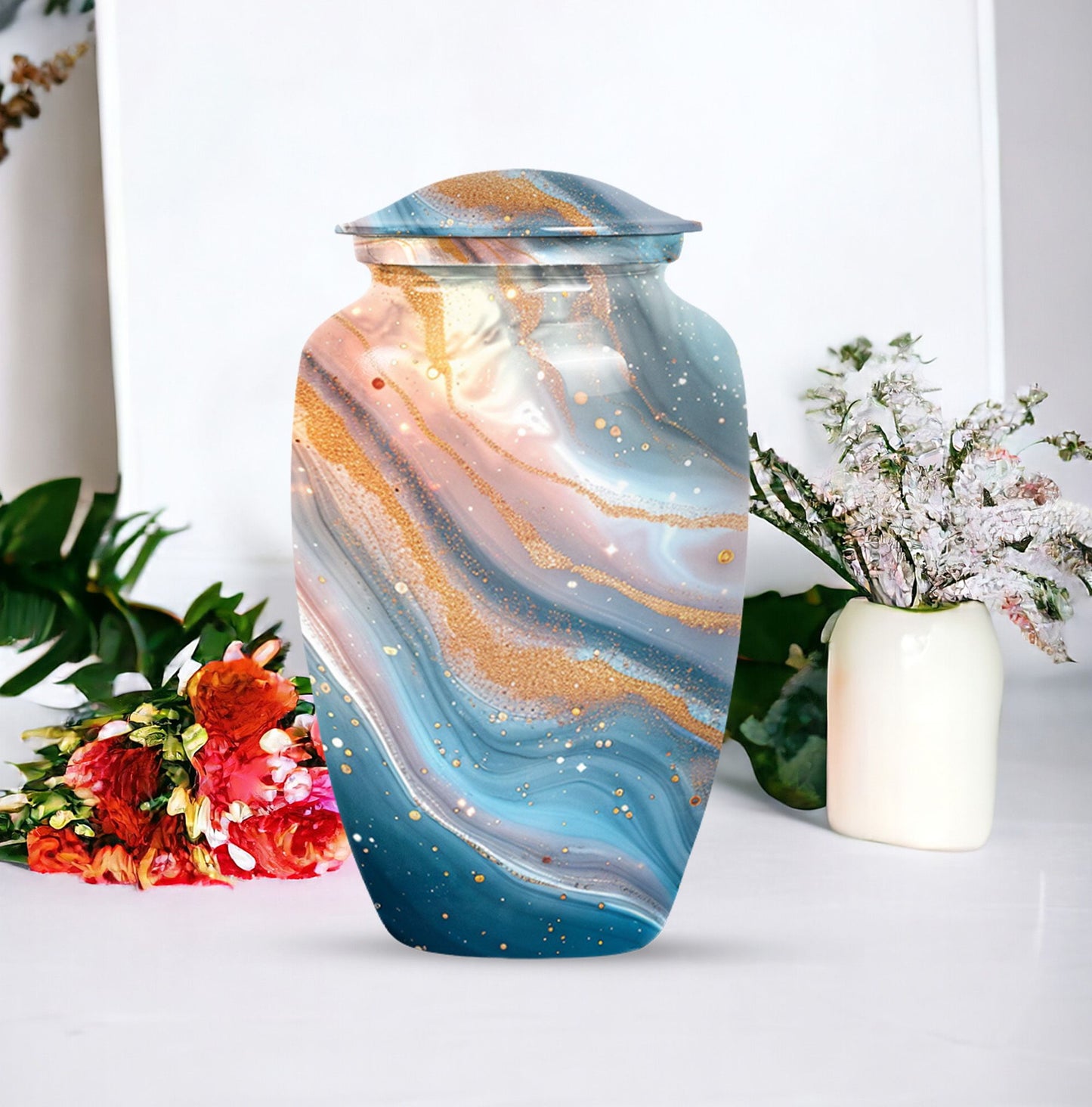 Vibrant Swirl Urn, 10-inch aluminium artistic cremation urn with capacity for 200 cubic inches of ashes