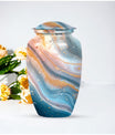 Vibrant Swirl Urn, 10-inch aluminium artistic cremation urn with capacity for 200 cubic inches of ashes