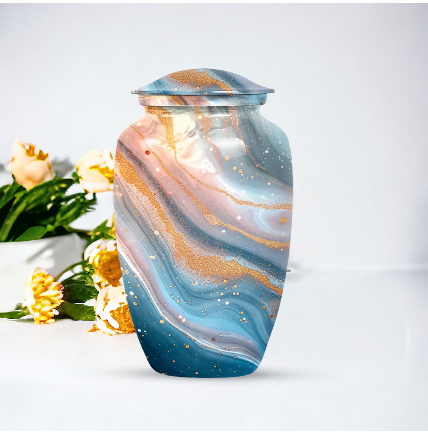 Vibrant Swirl Urn, 10-inch aluminium artistic cremation urn with capacity for 200 cubic inches of ashes