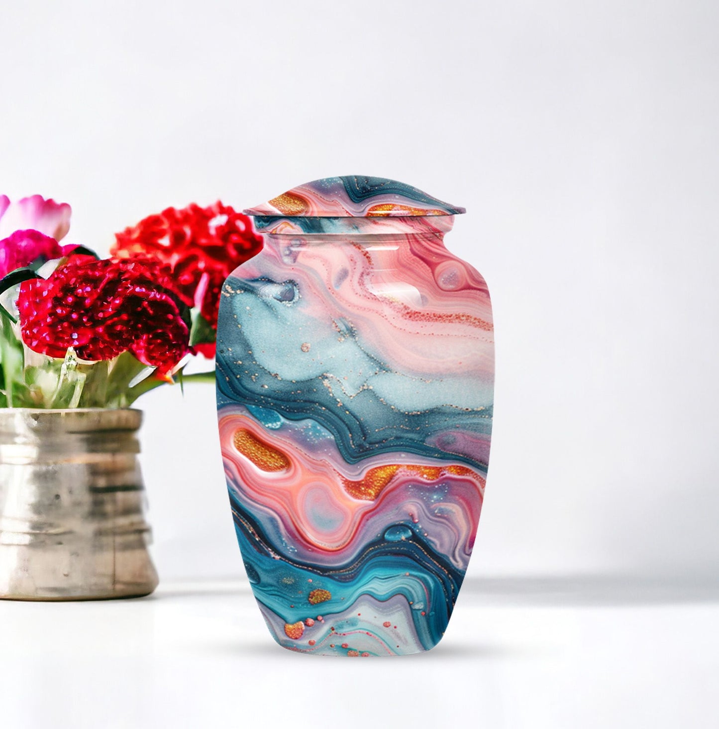 10-inch abstract aluminum cremation urn for dad, with personalization options.