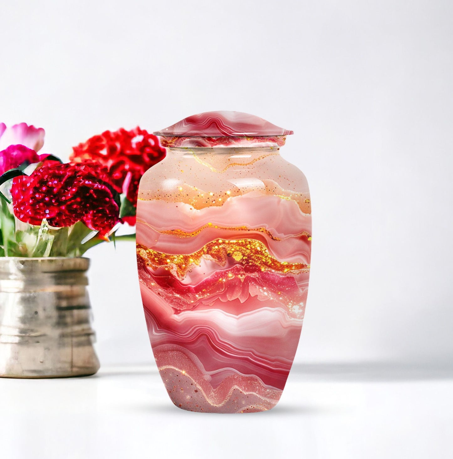 Abstract  aluminium classic urn for adult ashes.