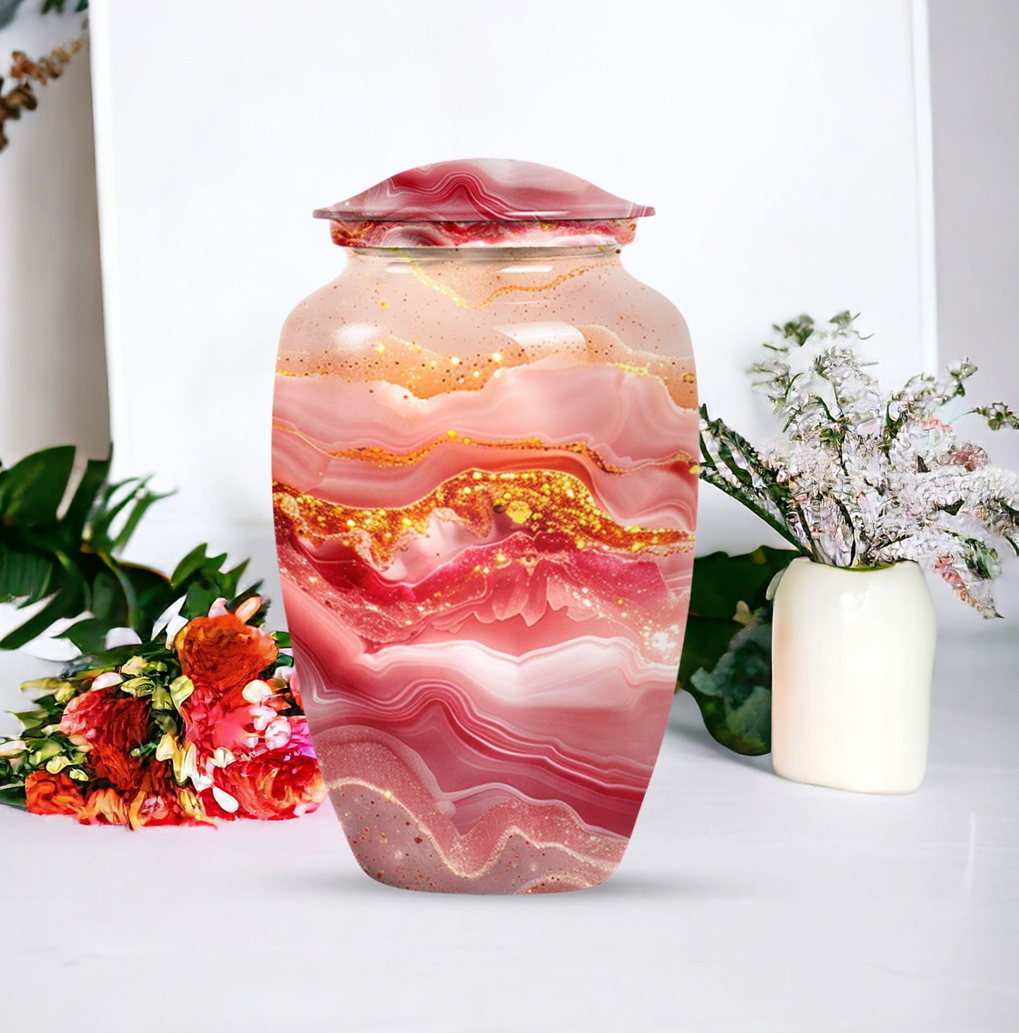 Abstract  aluminium classic urn for adult ashes.
