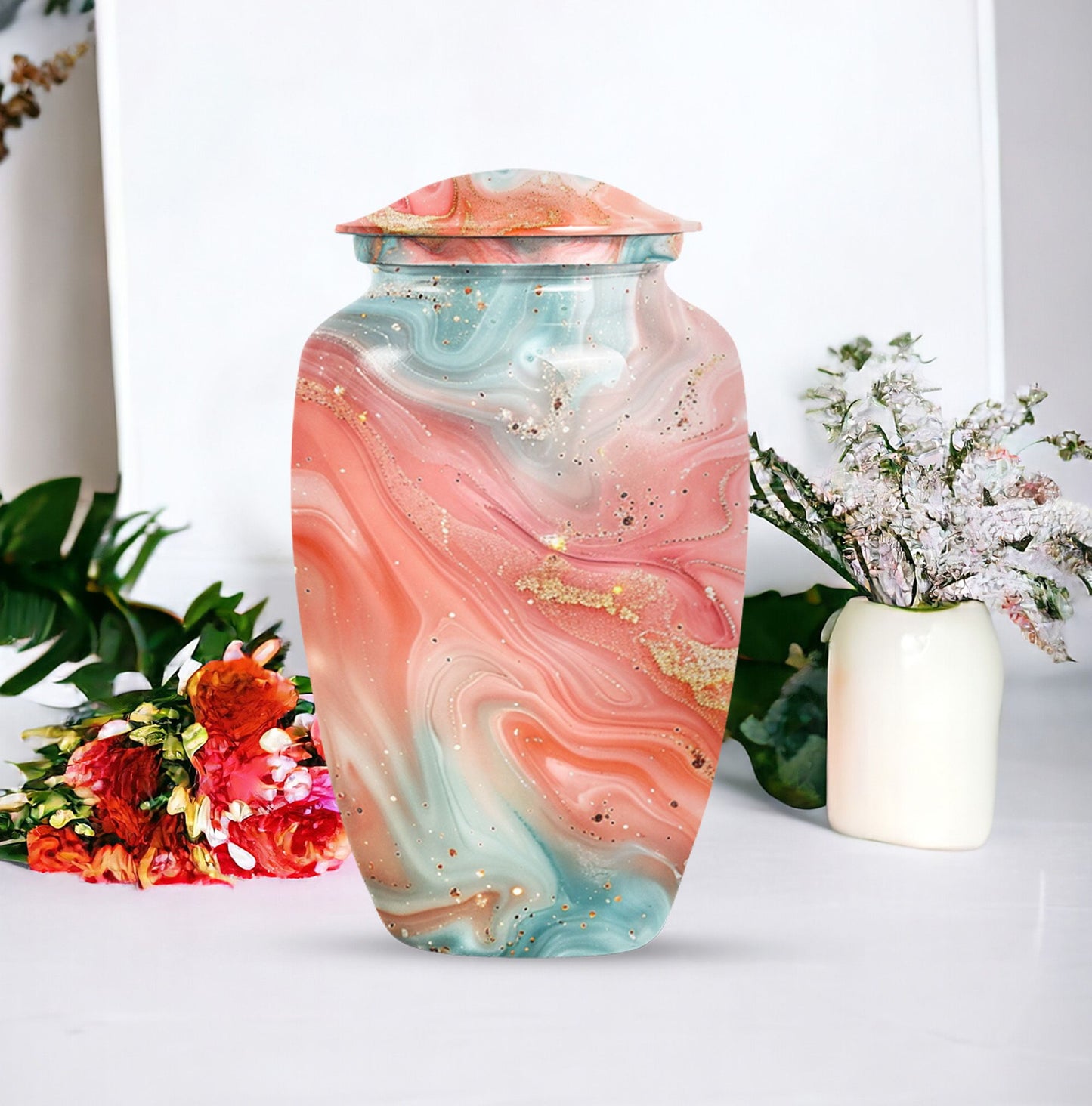 Abstract 10-inch classic urn in aluminium for men's memorial ashes.