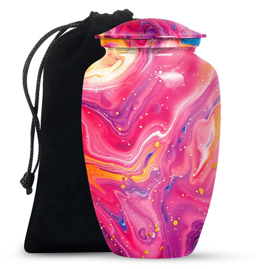 Classic abstract urn for cremation, a velvet pouch for ashes