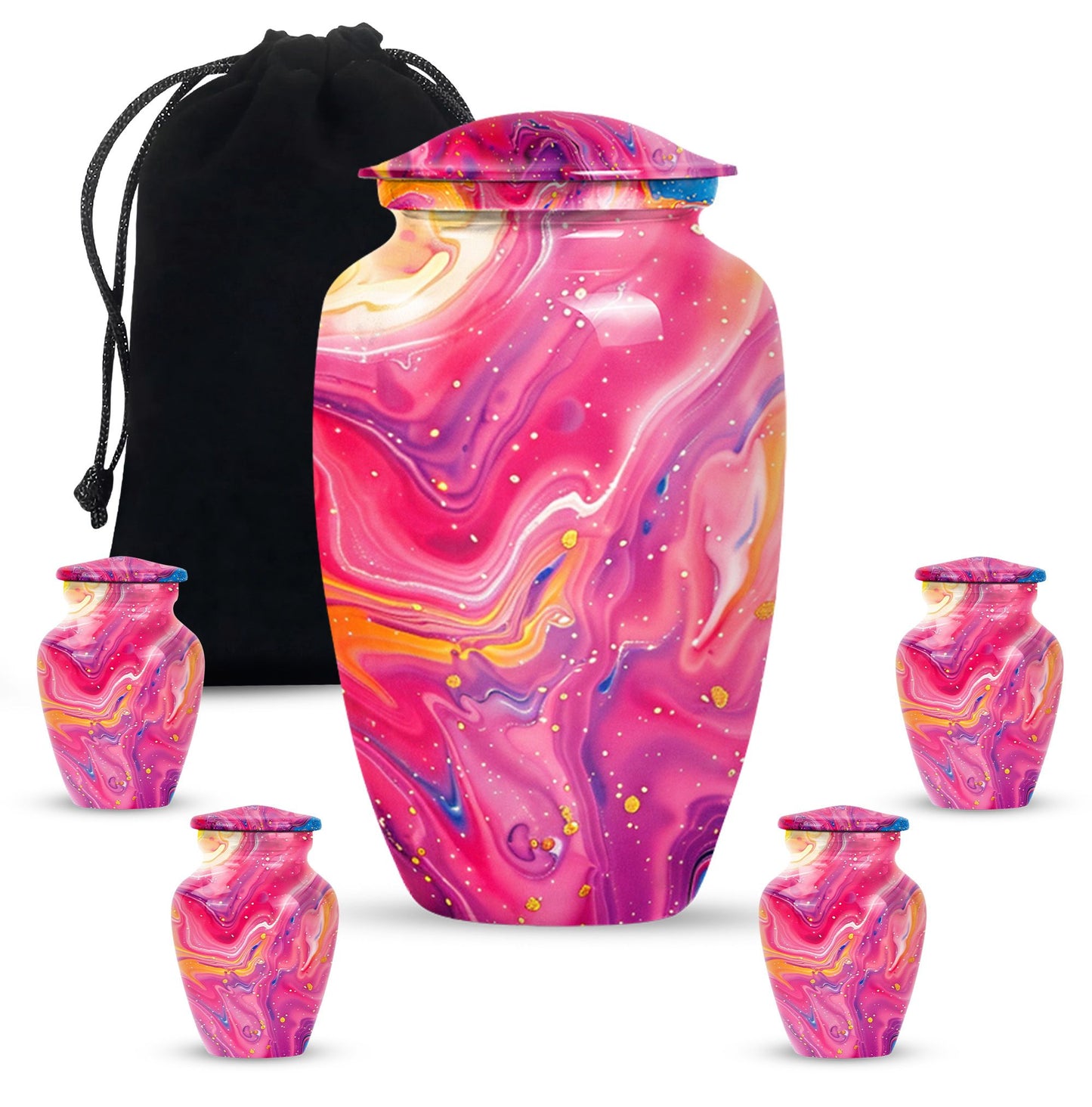 Classic abstract urn for cremation, a velvet pouch for ashes