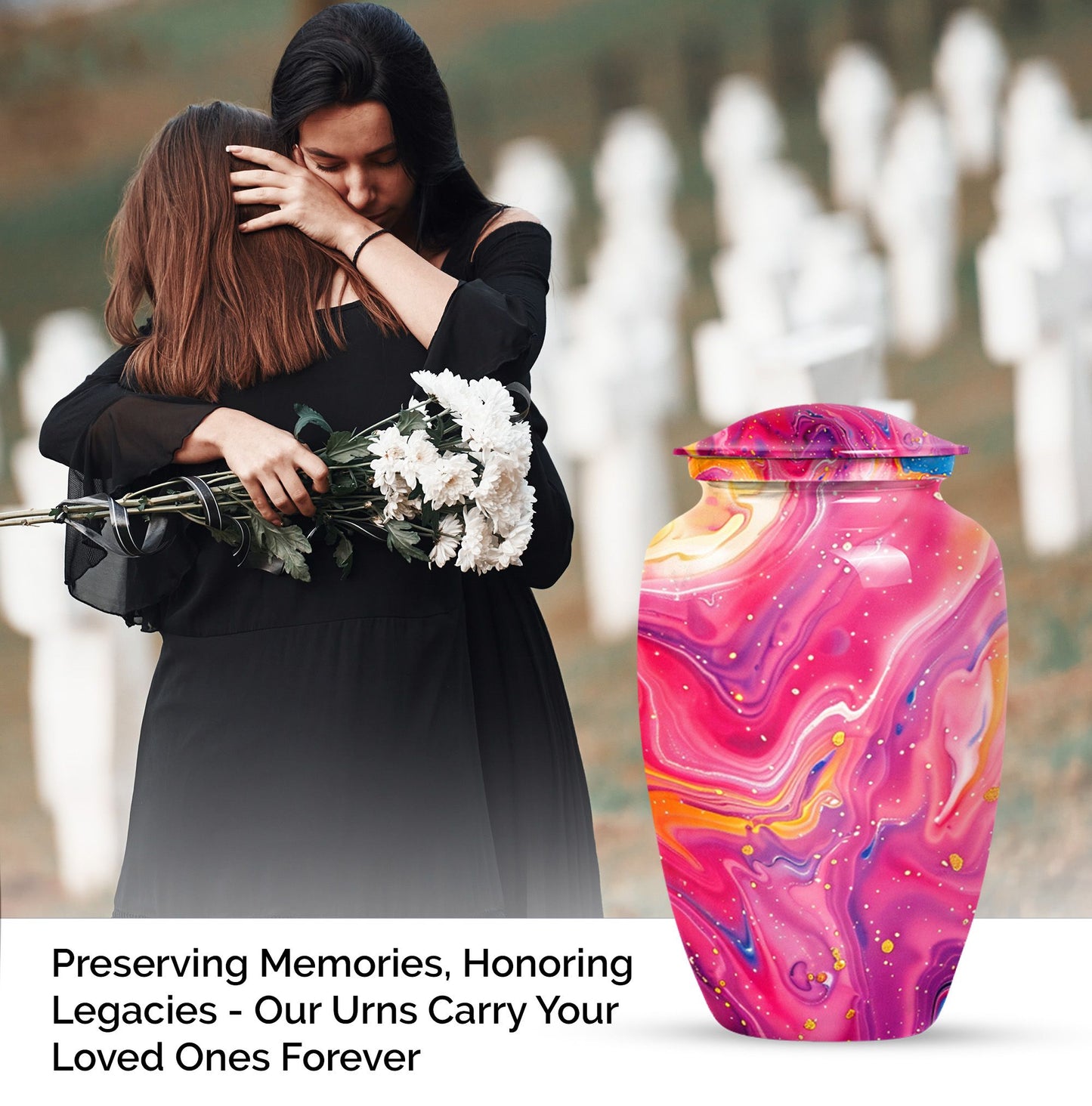 Classic abstract urn for cremation, a velvet pouch for ashes