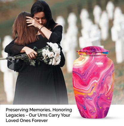 Classic abstract urn for cremation, a velvet pouch for ashes