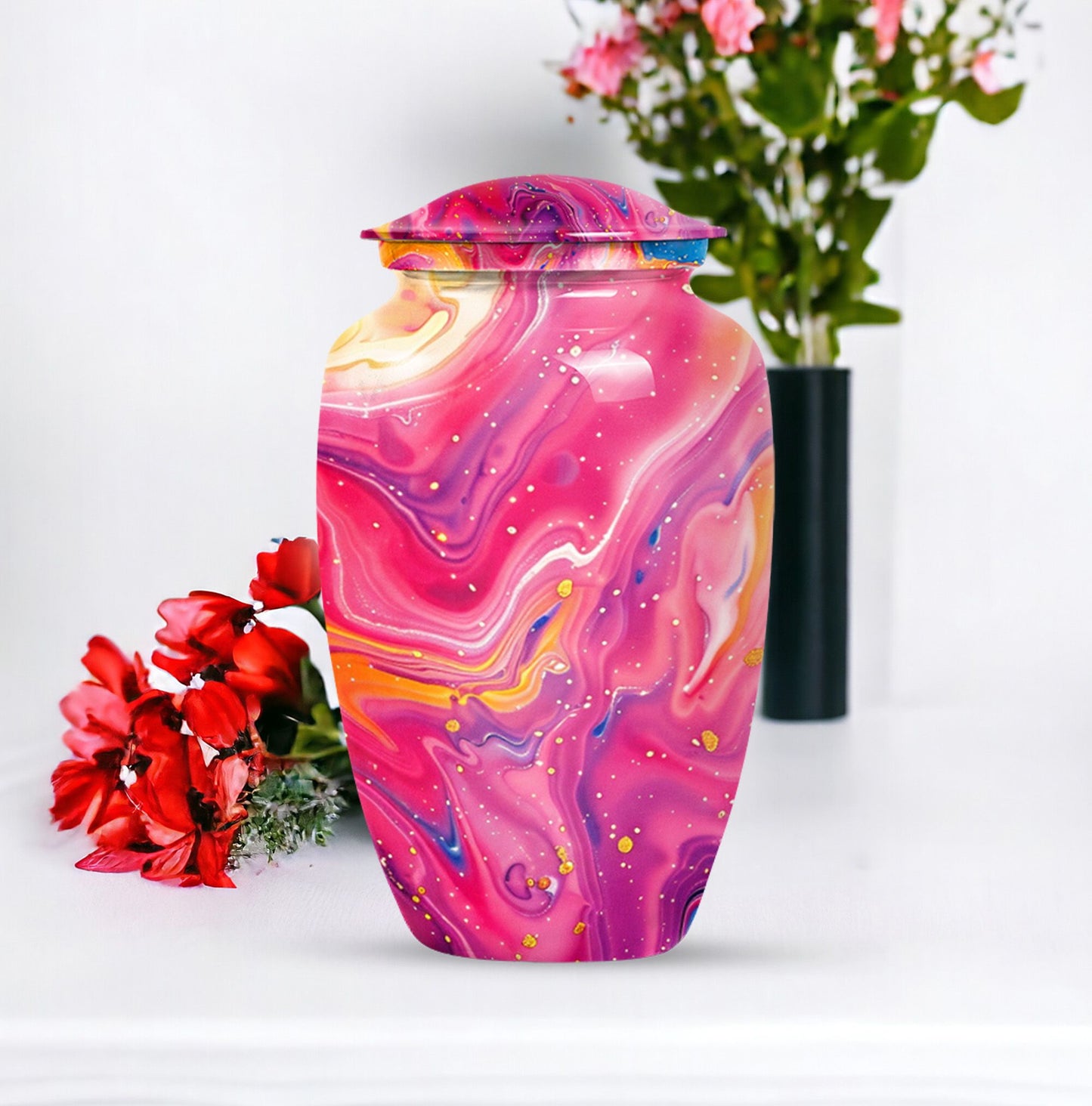 Classic abstract urn for cremation, a velvet pouch for ashes