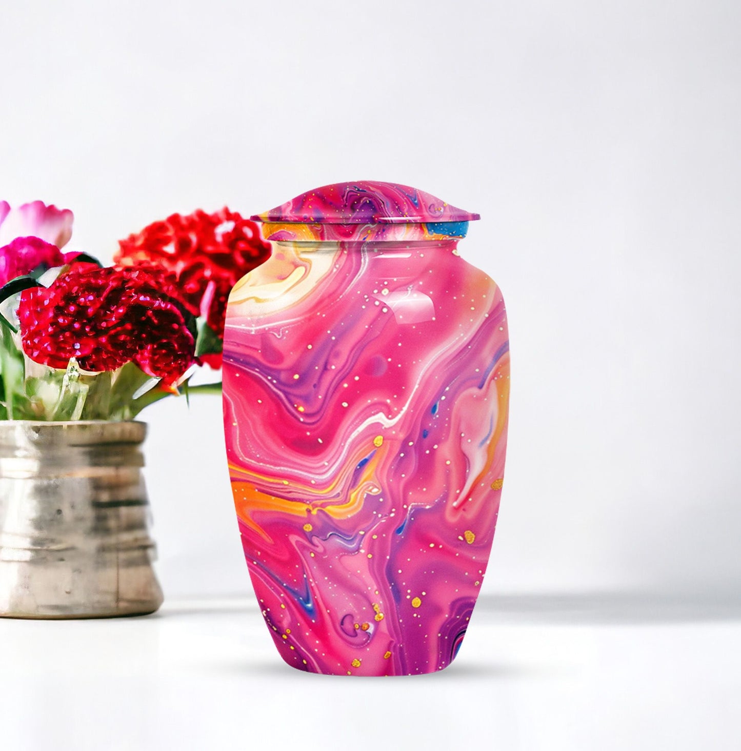 Classic abstract urn for cremation, a velvet pouch for ashes