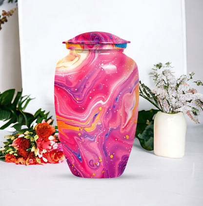 Classic abstract urn for cremation, a velvet pouch for ashes