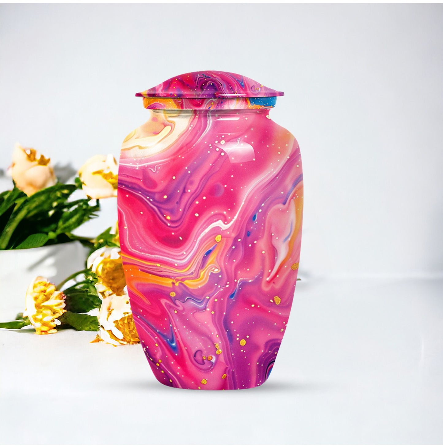 Classic abstract urn for cremation, a velvet pouch for ashes