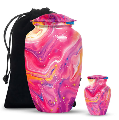 Classic abstract urn for cremation, a velvet pouch for ashes