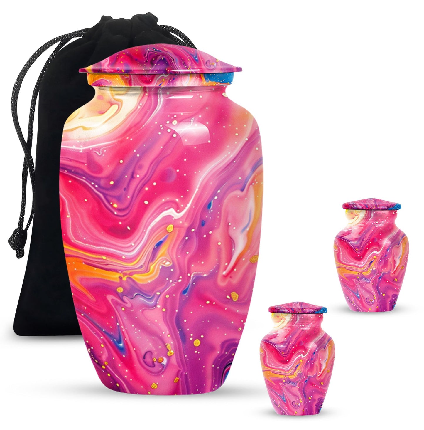 Classic abstract urn for cremation, a velvet pouch for ashes