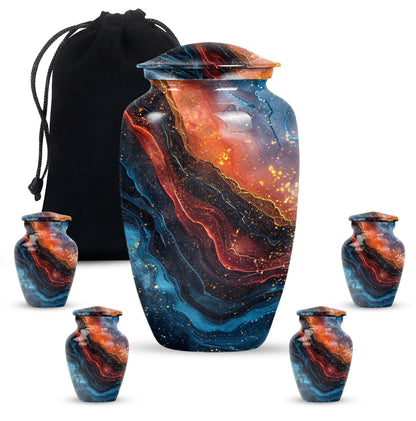 Abstract classic 10-inch aluminum urn for adult human ashes.