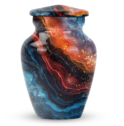 Abstract classic 10-inch aluminum urn for adult human ashes.