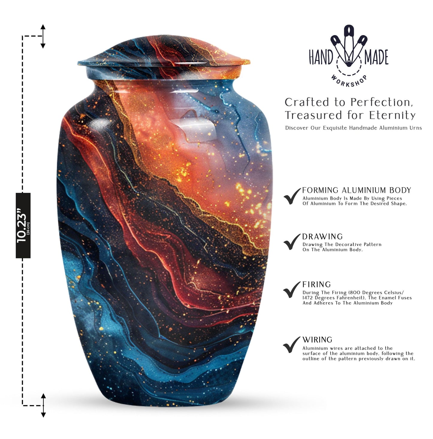 Abstract classic 10-inch aluminum urn for adult human ashes.