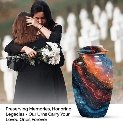 Abstract classic 10-inch aluminum urn for adult human ashes.