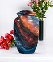 Abstract classic 10-inch aluminum urn for adult human ashes.