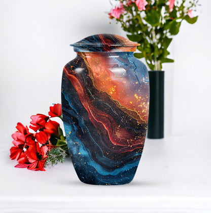 Abstract classic 10-inch aluminum urn for adult human ashes.