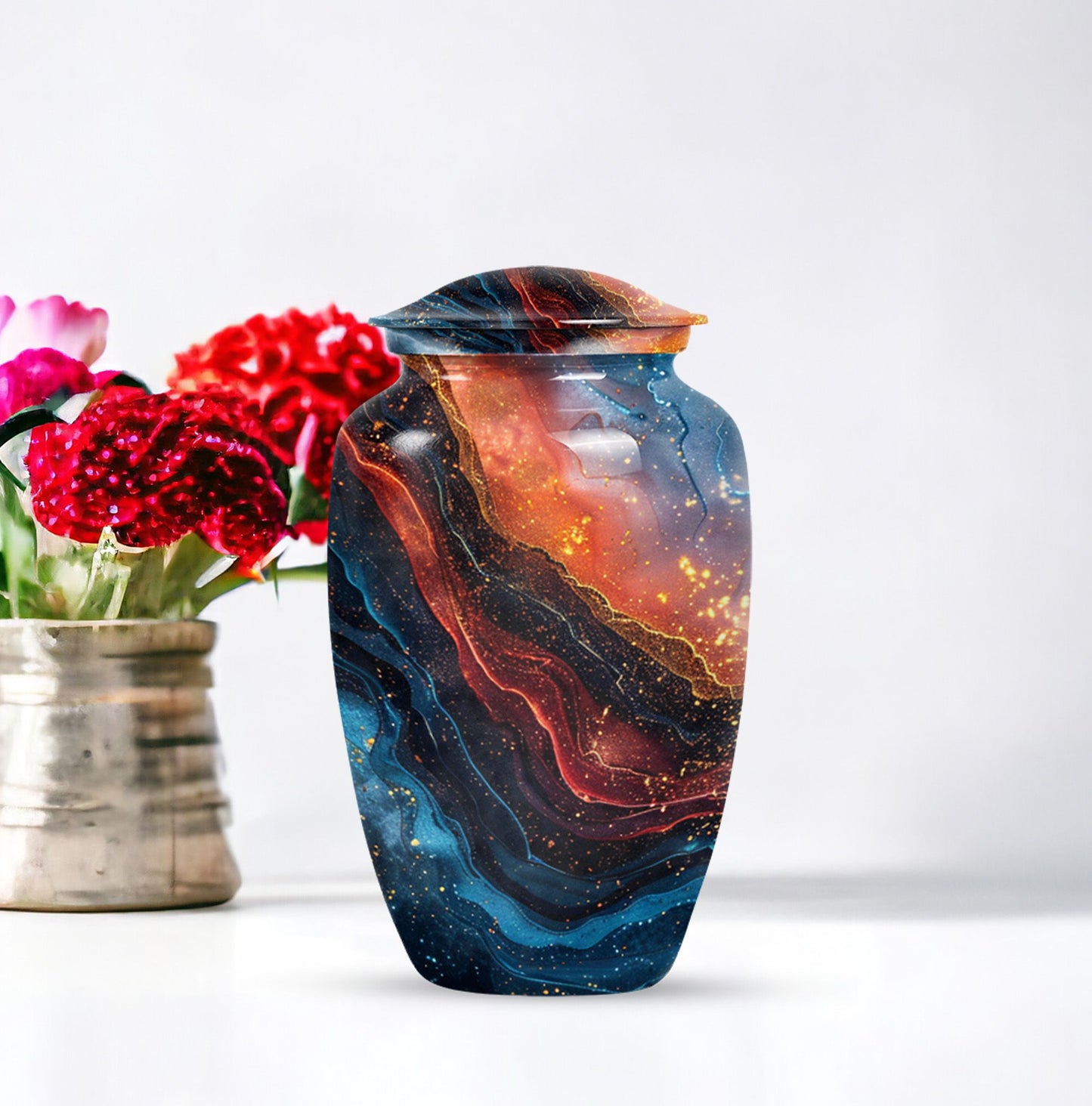 Abstract classic 10-inch aluminum urn for adult human ashes.