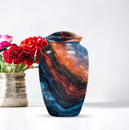 Abstract classic 10-inch aluminum urn for adult human ashes.