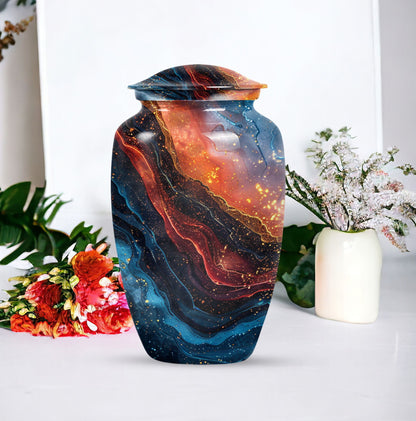Abstract classic 10-inch aluminum urn for adult human ashes.