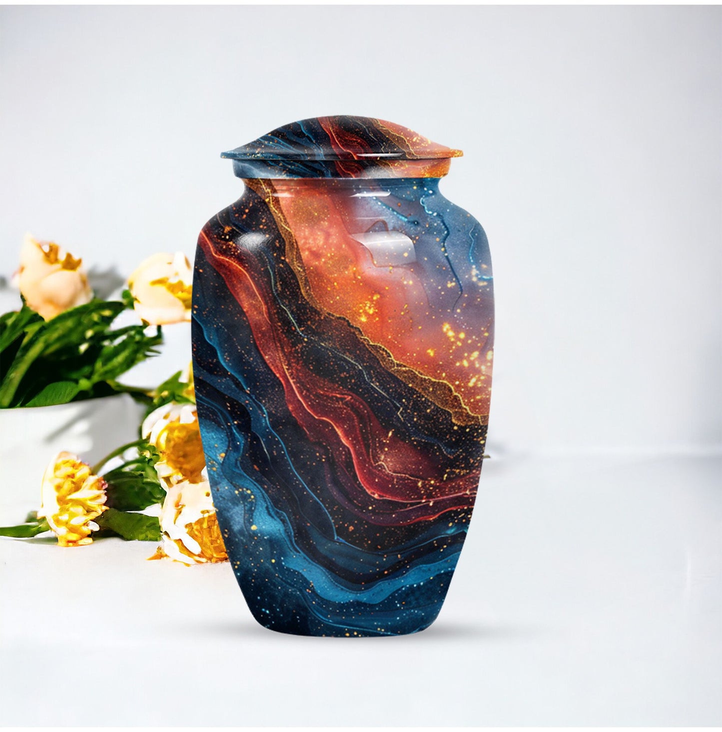 Abstract classic 10-inch aluminum urn for adult human ashes.